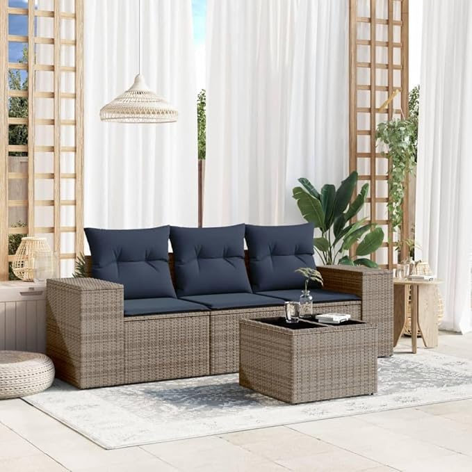 vidaXL Patio Sofa Set with Cushions 4 Piece, Outdoor Conversation Set, Sectional Sofa for Balcony Garden, Patio Furniture, Gray Poly Rattan