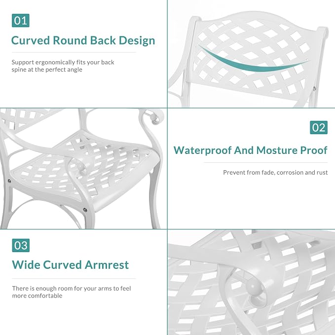 MEETWARM 3 Piece Patio Bistro Set, Outdoor All-Weather Cast Aluminum Dining Furniture Set Includes 2 Chairs and a 35.4” Round Table with Umbrella Hole for Garden Deck, White
