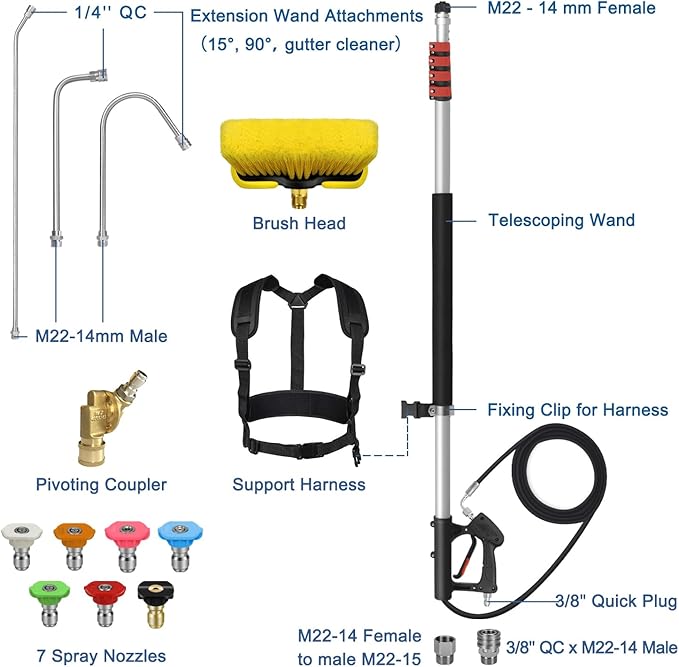 LidoDola 24FT Telescoping Pressure Washer Wand Kit - 2 Extension Poles, Gutter Cleaner, Brush, Pivoting Coupler & 7 Nozzles for Roof, Deck, Vehicle, Sidings