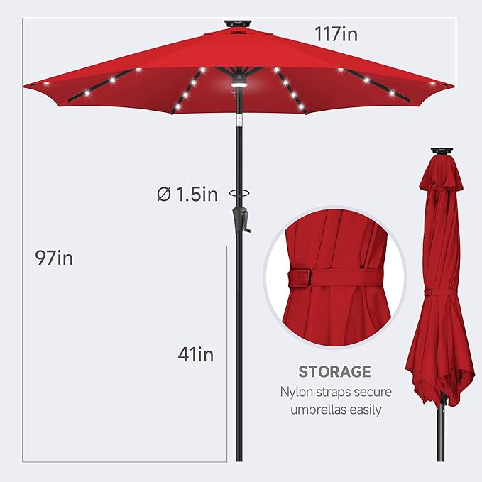 FLAME&SHADE 10 FT Solar Light Patio Umbrella, 40 LED Lights Outdoor Umbrella with Centre Surround Light, Table Market Umbrella for Deck, Pool, Porch, Backyard, Garden, UV Protection, Red