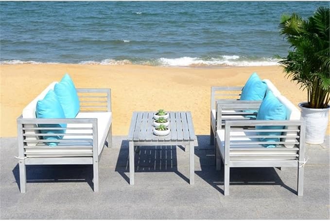 SAFAVIEH Outdoor Collection Alda Grey Wash/ White Cushions/ Light Blue Pillows 4-Piece Conversation Patio Set