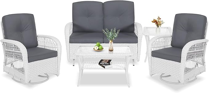 VIVIJASON 5-Piece Outdoor Patio White Wicker Conversation Sets, All Weather Outdoor Rattan Furniture Set Includes Glider Loveseat, 2 Coffee Table, 2 Swivel-Gliders Chairs with Cushions, Grey