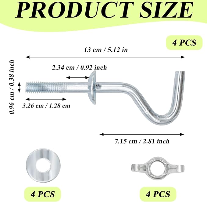 4 Packs Hammock Hooks Heavy-Duty Replacement Hooks Hammock Combo Hardware Kit Hammock Stand Replacement Hooks Fit 3/8 Inch Dia. for Home Patio Umbrella Base Garden (Silver)