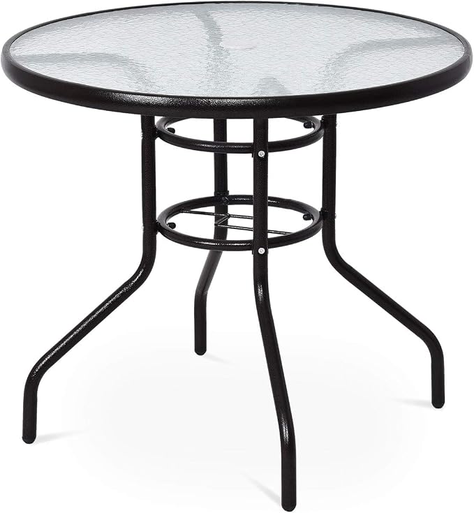 Tangkula 32-Inch Round Patio Dining Table with Tempered Glass Top, Metal Frame Outdoor Bistro Table with Umbrella Hole, Outside Table for Garden Poolside Balcony Yard