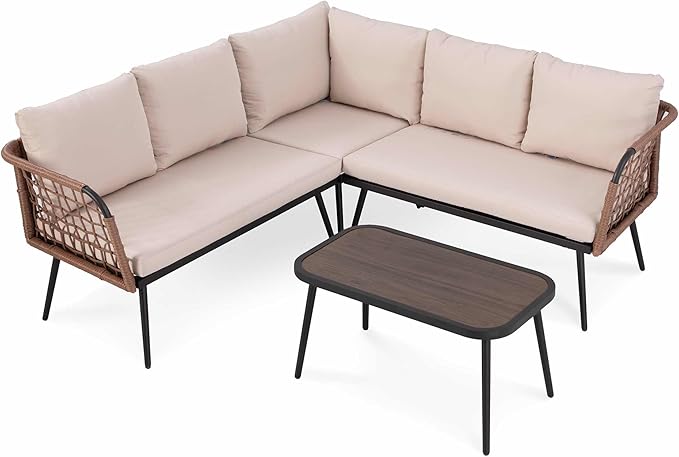 LAUSAINT HOME 6 Pieces L-Shaped Outdoor Furniture Set, Wicker Rattan Patio Sectional, Conversation Sofa Set with Coffee Table and Soft Cushions for Poolside, Patio, Yard, Beige