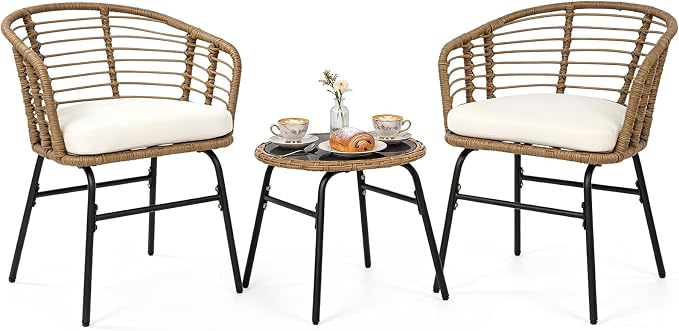 Tangkula 3 Pieces Patio Furniture Set, PE Rattan Bistro Chairs with Tempered Glass Coffee Table and Soft Cushions, Outdoor Wicker Conversation Set for Porch, Balcony, Garden and Poolside (Off White)