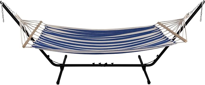 Striped Macrame Quilted Two Person Double Hammock - 9' x 56" - Blue and Cream