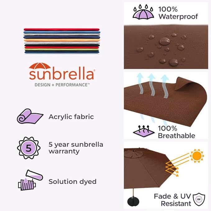 Midtown Umbrellas The Wooden 8 Feet Patio Umbrella With Sunbrella Bay Brown Acrylic Fabric - Aluminum Frame Market Umbrella For Backyard, Deck, Garden, Pool - Wooden Pole