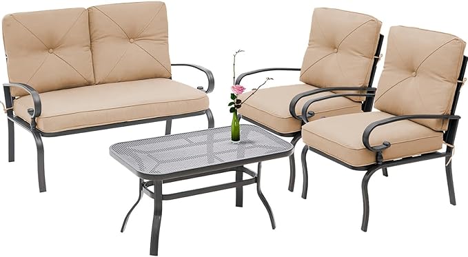 Incbruce 4-Piece Outdoor Metal Furniture Set: Wrought Iron Patio Conversation Set (Loveseat, Coffee Table, 2 Chairs) - Steel Frame with Brown Cushions