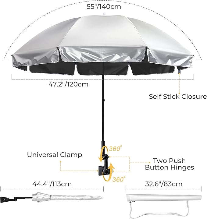 G4Free UPF 50+ Universal Clamp On Umbrella Adjustable Outdoor UV Protection Beach Chair Umbrella for Strollers, Wheelchairs, Patio Chairs, and Golf Carts