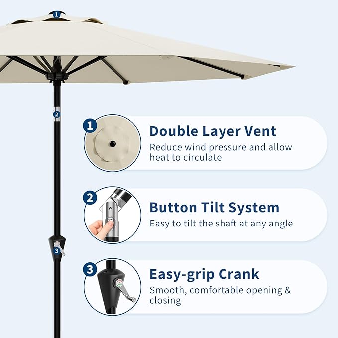 GarveeLife 9FT Umbrella Outdoor Patio, Table Umbrella with Push Button Tilt and Crank, 8 Sturdy Ribs Waterproof UV Protection for Garden, Pool, Deck, Backyard, Market (Beige White)