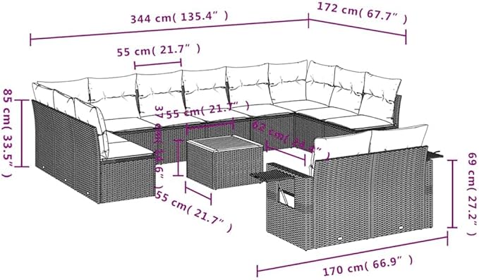 vidaXL Patio Sofa Set with Cushions 13 Piece, Outdoor Conversation Set, Sectional Sofa for Balcony Garden, Patio Furniture, Gray Poly Rattan