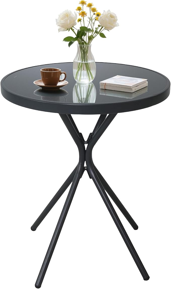 Outdoor Round Coffee Side Table,Tempered Glass Tabletop,All-Weather Bistro Table,Suitable for Terraces, Gardens, Bedrooms and Courtyards.