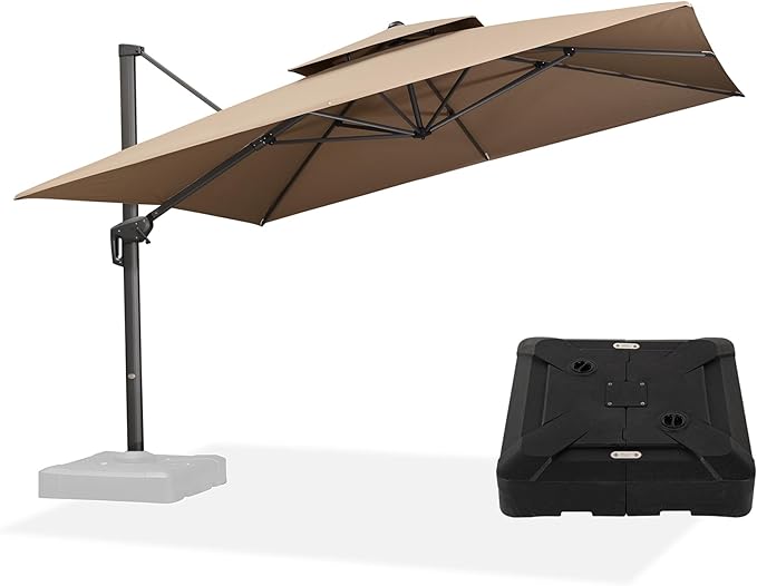 PURPLE LEAF 10' X 13' Cantilever Patio Umbrella with Base 360° Rotation & 6-Level Tilt Heavy Duty Aluminum Frame Fade-Resistant Double Top Offset Umbrella for Backyard Poolside & Outdoor Dining Taupe