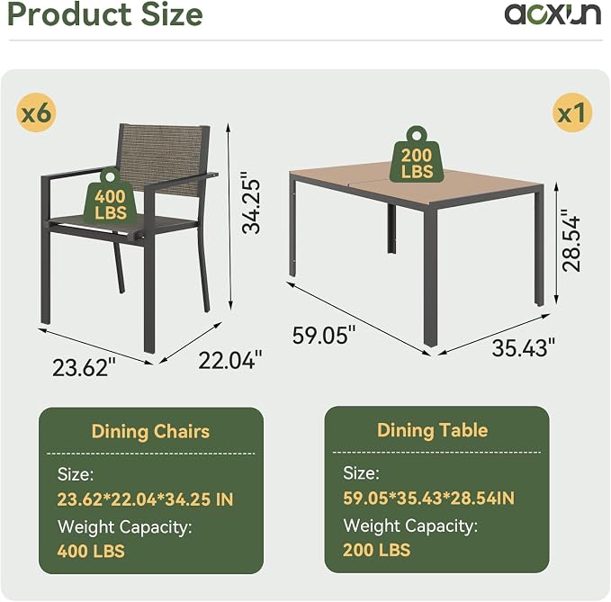 Aoxun 8-Piece Patio Table and Chairs Set & 15ft Patio Umbrella for 6, All Weather Outdoor Dining Set with 6 Textilene Chairs and 1 Rectangular Metal Table for Backyard, Garden, Brown/Blue
