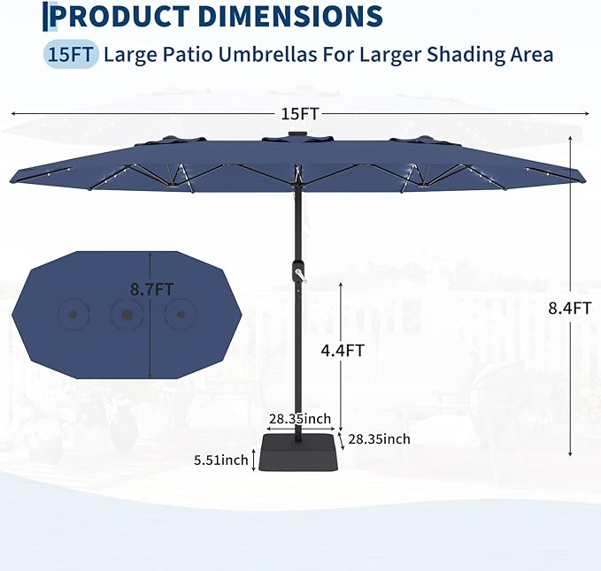 Garvee 15FT Rectangular Patio Umbrella with Solar Lights & Base Included - Large Patio Umbrella with Crank Handle 48 LED Lights, UV Protection for Outdoor Market, Backyard, Deck, Poolside, Navy Blue