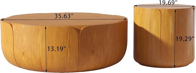 36" Round Coffee Table with 20" Round Side Table Set, Waterproof Sturdy MGO Wood Texture Grain Drum Outdoor Tables Set for Patio Garden Backyard Living Room, No-Assembly, Natural and Brown
