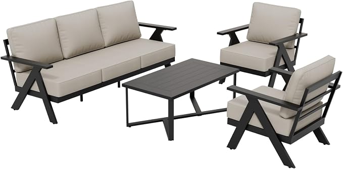 COOS BAY Iron Luxe 4 Piece Outdoor Patio Furniture Set, Modern Patio Conversation Set with 2 Patio Chairs, a 3 Seat Couch & Coffee Table for Deck, Garden, Porch, Black/Beige