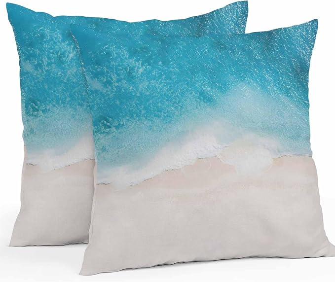 Pack of 2 Blue Beach Coastal Outdoor Pillow Covers Decorative, Ocean Seaside Waterproof Pillow Protector, Summer Nautical Throw Pillowcases Accent Cushion Cases for Patio Couch Sofa 26"x26"