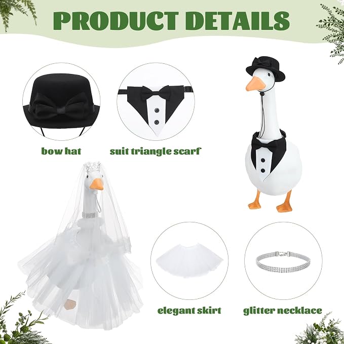 Wedding Porch Goose Outfit Set Bride Groom Costume | Includes Crown Veil Bow Tie Petticoat Collar Necklace Ideal for 23 Inch Outdoor Geese Couple Decor