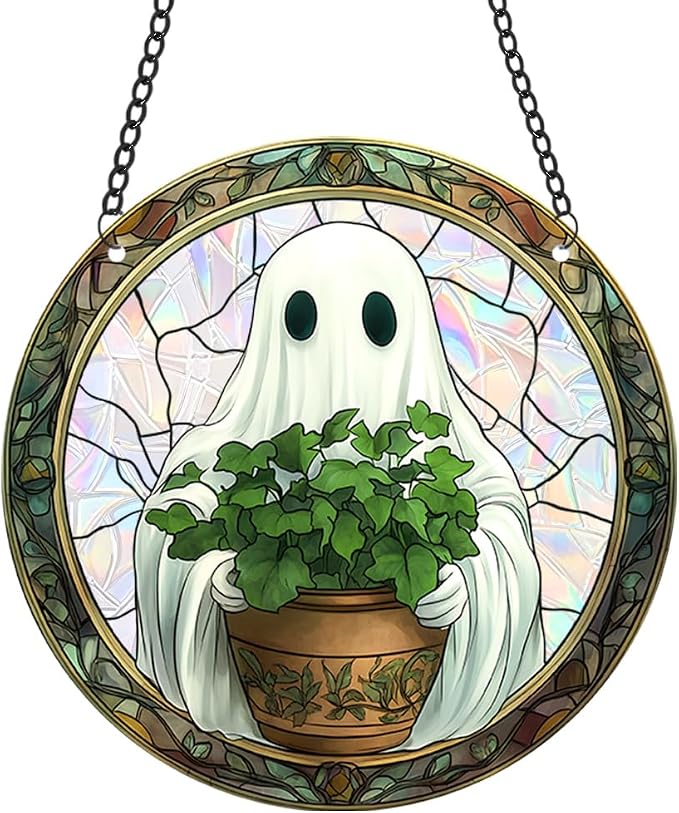 Acrylic Halloween Sun Catcher - 7.87 Inch Round Suncatcher for Window Hanging Decoration - Creates Indoor Rainbows Light Refraction - Spooky Ghost, Witch, Pumpkin Design