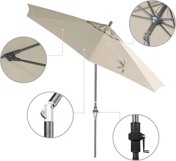 California Umbrella 9' Rd. Crank Lift, Collar Tilt, Aluminum Pole, Fiberglass Rib Patio Umbrella, Hammertone Grey Finish, Sunbrella Canvas