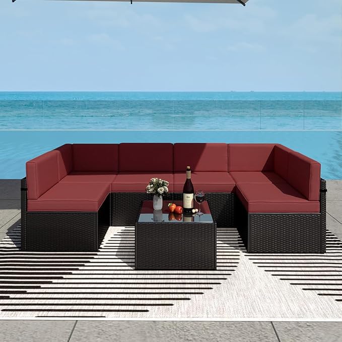 FIZZEEY 7 PCs Outdoor Patio Furniture PE Wicker Rattan Sectional Conversation Sofa Set, Burgundy