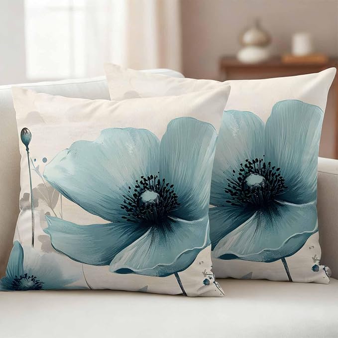 Blue Flowers Butterfly Outdoor Waterproof Throw Pillow Covers Set of 2, 16"x16", Watercolor Retro Leaf Pastoral Style Decorative Pillow Covers Outside Cushion Case for Patio Porch Garden