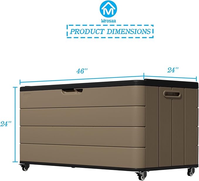 Mrosaa 110 Gallon Deck Box Waterproof with Wheels - Mobile Double-Wall Resin Outdoor Storage Box for Patio, Pool, & Garden - Lockable Deck Storage for Cushions, Pool Floats, Boat Slip (Brown)