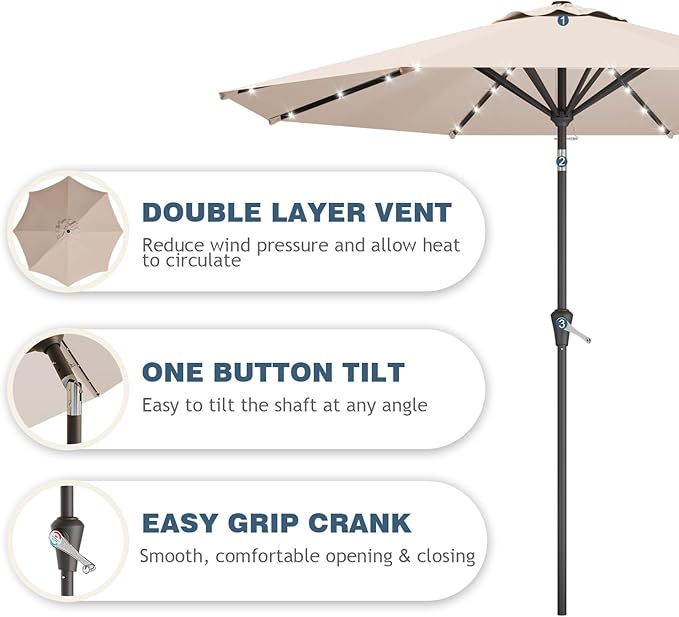9FT Patio Umbrella with Solar Lights,Outdoor Market Umbrella with Tilt and Crank, LED Lighted Table Umbrella for Garden,Deck,Backyard,Pool,Beach (Beige)