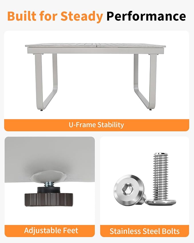 Expandable Outdoor Dining Table for 6-8 Person, Never-Rust Aluminum Extendable Dining Table with U-Shape Legs, 59"-97" Rectangular Patio Table for Porch, Deck, Backyard