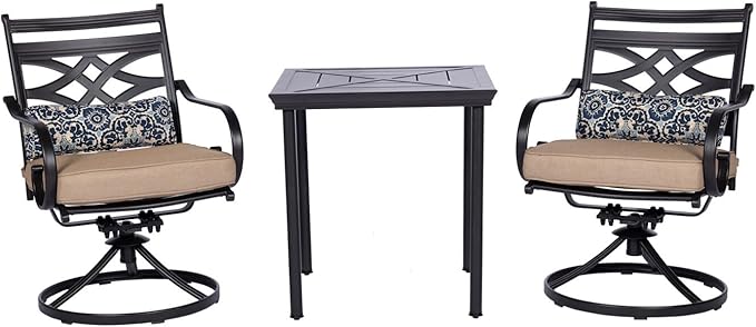 Hanover Montclair 3-Piece Patio Conversation Set, 2 Swivel Rocker Chairs with Comfortable Seat and Lumbar Cushions, 27" Square Stamped Rectangle Table, All-Weather Outdoor Bistro Set
