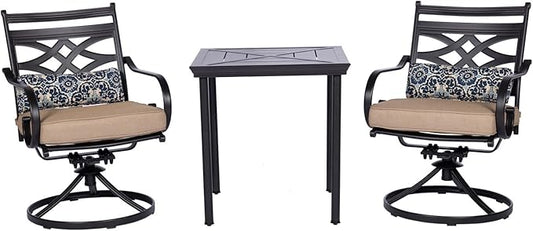 Hanover Montclair 3-Piece Patio Conversation Set, 2 Swivel Rocker Chairs with Comfortable Seat and Lumbar Cushions, 27" Square Stamped Rectangle Table, All-Weather Outdoor Bistro Set