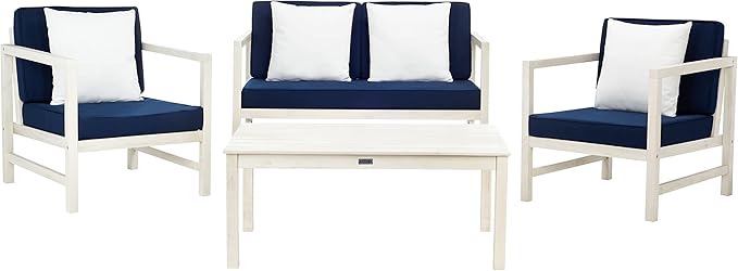 SAFAVIEH Outdoor Collection Montez White/ Navy Cushions/ White Pillows 4-Piece Conversation Patio Set