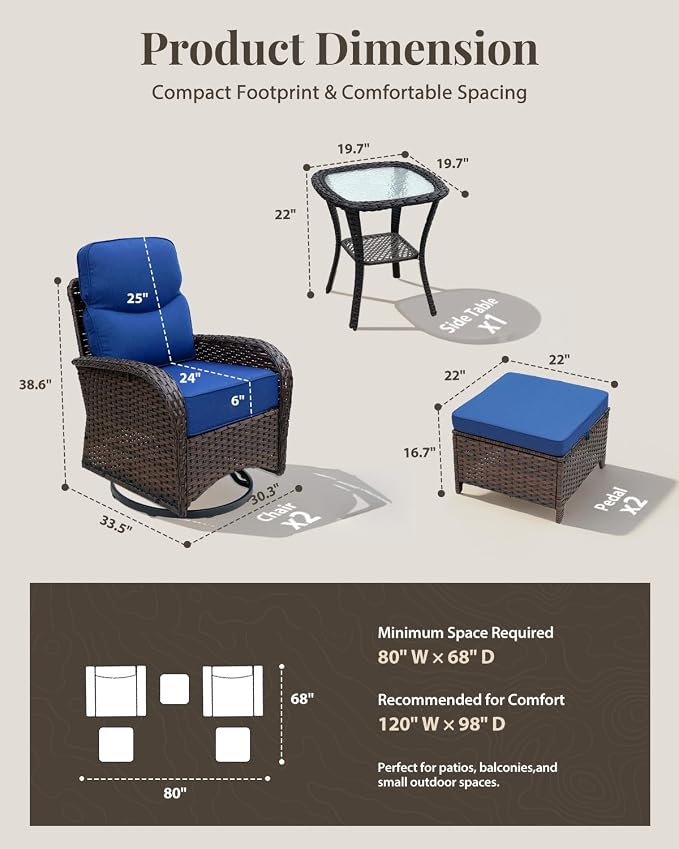 Patio Furniture Set with Luxury 6" Cushions, 5 Pieces Swivel Rocking High Back Patio Chairs and Ottoman, Outdoor Wicker Conversation Set for Deck, Porch, Backyard, Poolside, Blue