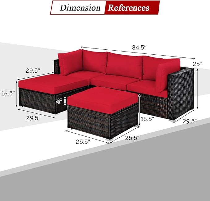 Tangkula 5 Piece Patio Furniture Set, Outdoor Sectional Rattan Sofa Set with Cushions and Coffee Table, Suitable for Backyard Porch Garden Poolside and Deck, Wicker Conversation Set (Red)