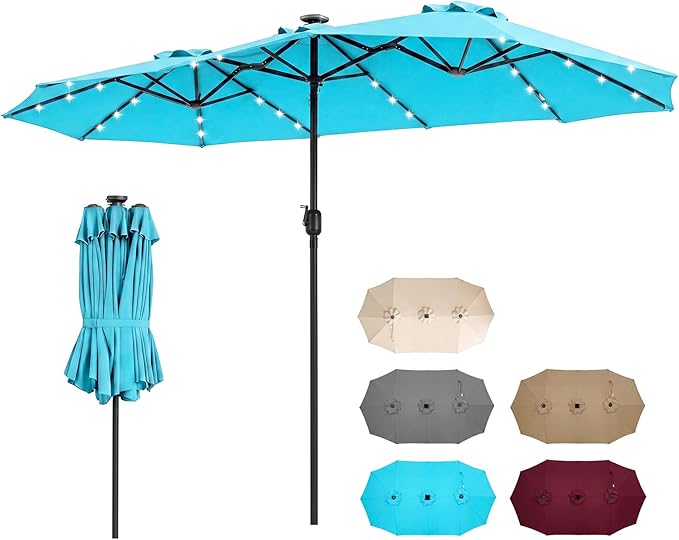 Tangkula 13 Ft Solar Patio Umbrella, Double-Sided Extra Large Outdoor Market Table Umbrella with 36 LED Lights, Crank Handle, 12 Sturdy Ribs for Poolside, Garden & Backyard (Turquoise)