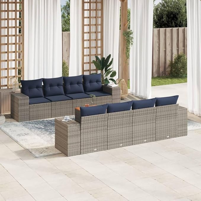 vidaXL Patio Sofa Set with Cushions 9 Piece, Outdoor Conversation Set, Patio Furniture Set for Balcony Garden, Modern Style, Gray Poly Rattan