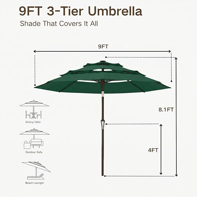 Kingdura 9ft 3-Tier Patio Umbrella, Outdoor Table Umbrella with Easy Crank & Tilt, 8 Reinforced Ribs, UV Protection for Deck, Pool, Market, Backyard (Dark green)