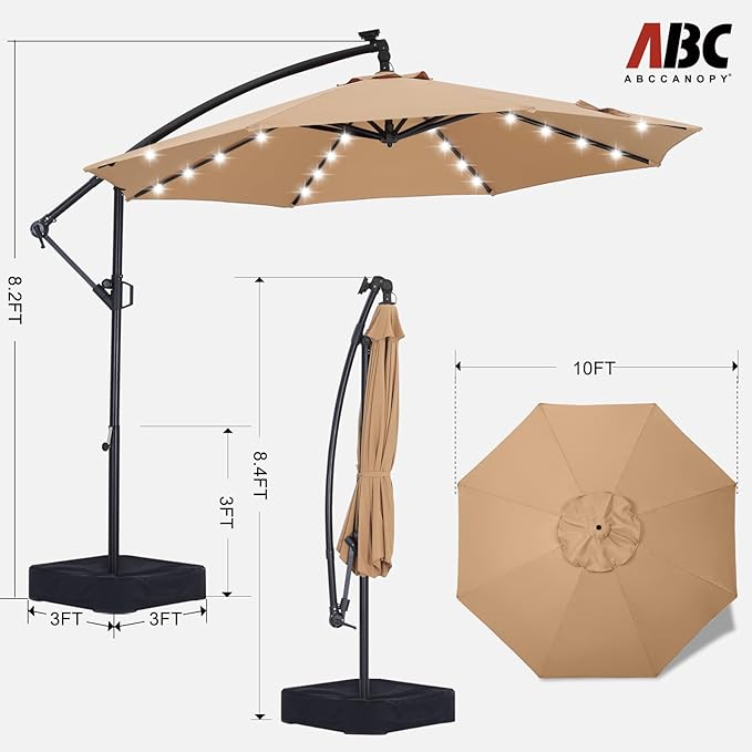 ABCCANOPY 10 FT LED Patio Umbrellas Cantilever Umbrella with base, 360° Rotation Outdoor Lighted Offset Umbrella Bonus Fix Frame & Weights Bag for Backyard, Deck, Poolside (Khaki)