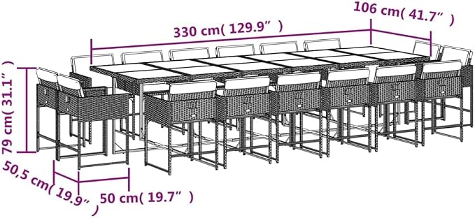 17 Piece Patio Dining Set with Cushions Gray Poly Rattan Outdoor Furniture Table for 16 Seats Foldable Chairs Acacia Wood Top UV-Proof Backyard Garden