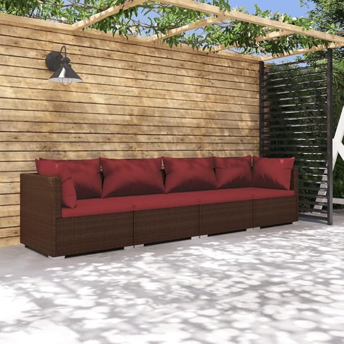 4 Piece Patio Lounge Set with Cushion, Outdoor Patio Sectional Furniture Conversation Sets Patio Lounge Set Piece Patio Set s Poly Rattan Brown