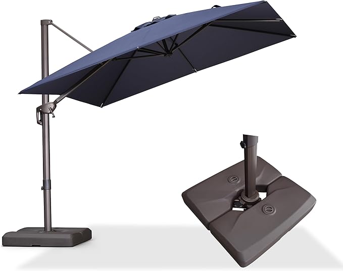 PURPLE LEAF 9' X 9' Patio Umbrella With Base Antique Bronze Square Cantilever Umbrella Outdoor with 360° Rotation and Aluminum Offset Hanging for Pool Deck Garden Backyard, Navy Blue