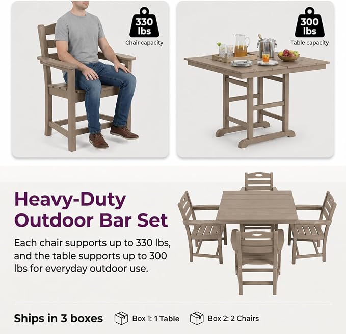 KEIKI 5-Piece HDPE Patio Dining Set and 4 Armchairs for Terrace Poolside Yard All-Weather Durable Square Table Outdoor Furniture Compact Dining Maintenance Modern Bistro Set Black