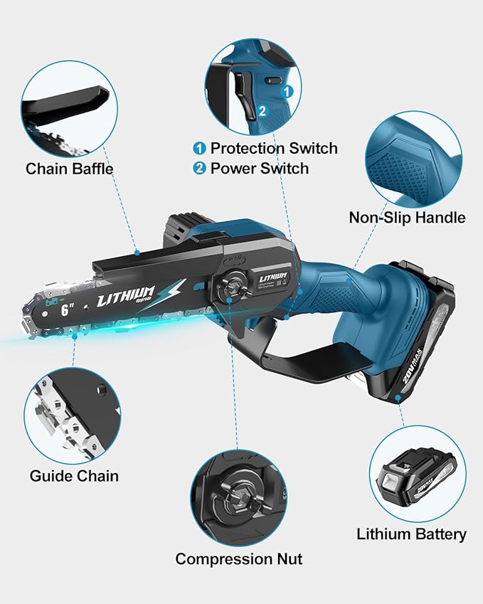 Fostex 6 Inch Cordless Mini Chainsaw, Handheld Electric Chain Saw with 2×2000mAh Batteries & 2 Chains, Lightweight Battery Powered Saw for Tree Trimming, Branch Pruning, Gift for Dad, Husband (Blue)