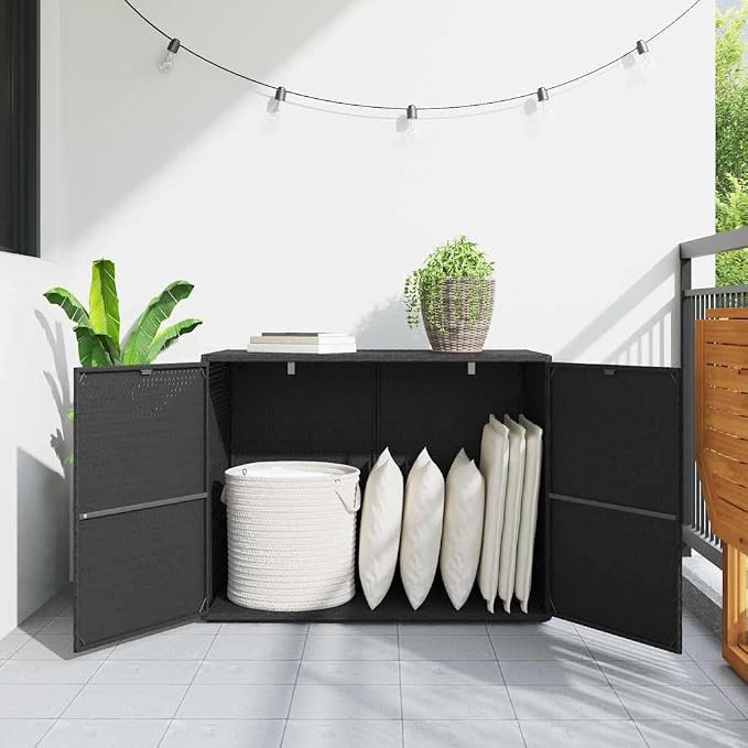 Outdoor Garden Storage Cabinet, Poly Rattan Deck Box for Patio, Backyard Organization, Waterproof 2-Door Sideboard, 39.4x39.4x31.5 Inch, Black