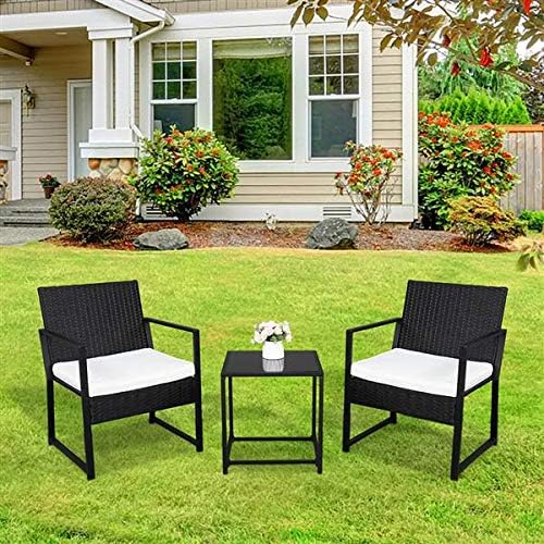 3 Pieces Patio Furniture Set, Outdoor Chair Set with Side Table, Cushion, Patio Conversation Set for Backyard, Poolside, Balcony, Coffee Table & Chairs Set with Seat Cushions Patio Conversation Set