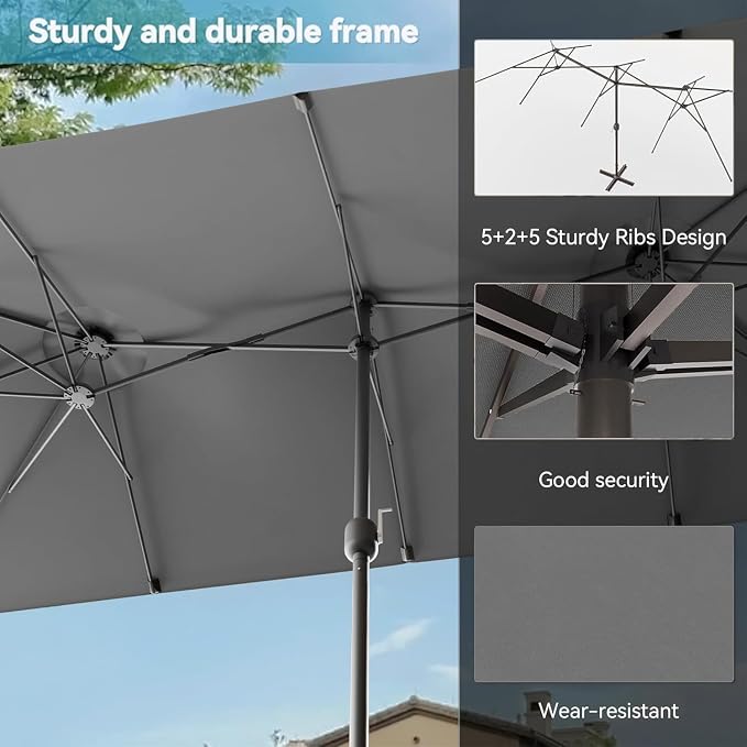 8 PCS Outdoor Patio Dining Set with 13.6ft Double-Sided Patio Umbrella,Patio Table and Chairs Metal Outdoor Patio Furniture Set,Dining Table Set with 6 Chairs,Grey