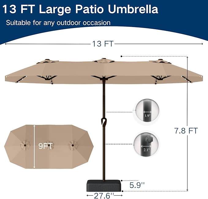 Large Patio Umbrella with Solar Lights and Base, Double-Sided Outdoor Rectangle Umbrella with 48 LED Lights, Market Table Umbrellas with UV Resistant Canopy