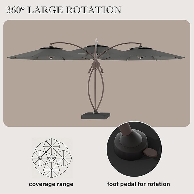 Cantilever Umbrella with Heavy-Duty Base, Outdoor Large Round Aluminum Offset Umbrella for Patio Garden Backyard, UV-Resistant Waterproof Canopy, 360° Rotation & Tilt Adjustment